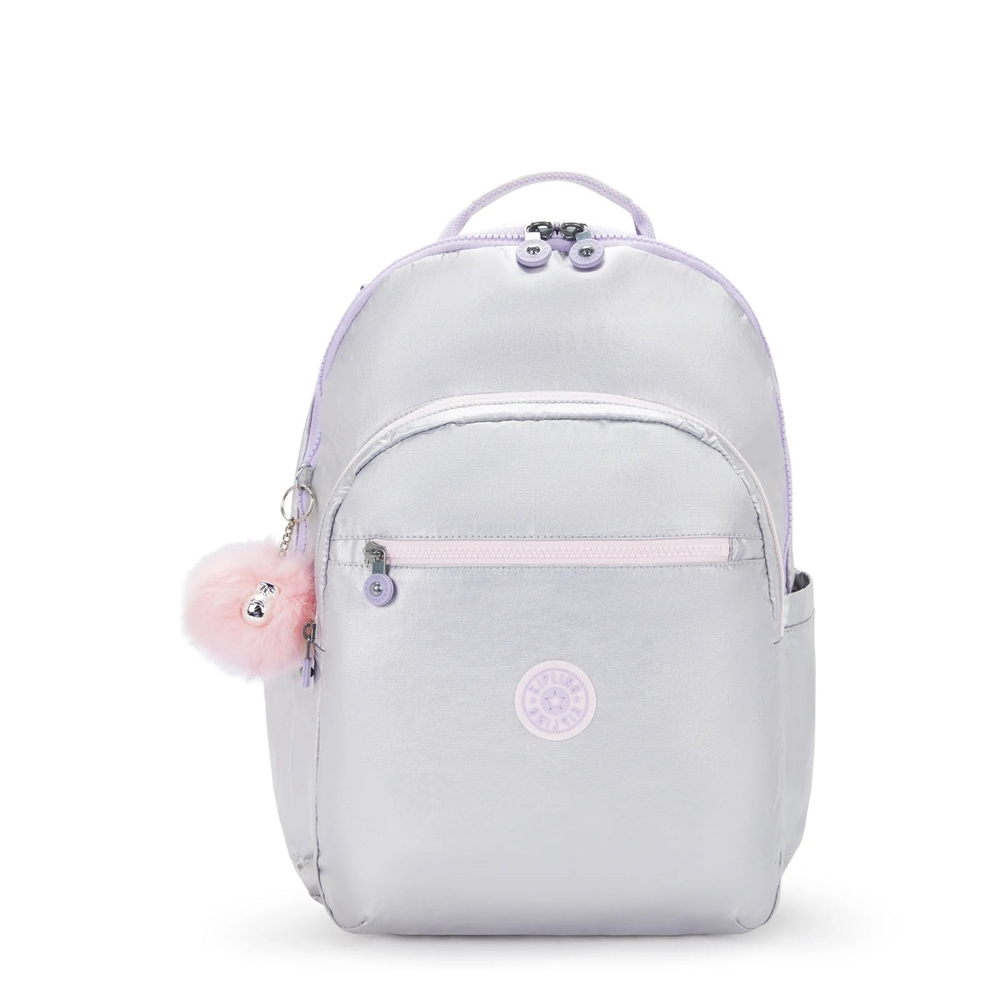 Silver Backpack with Pink Pom Pom